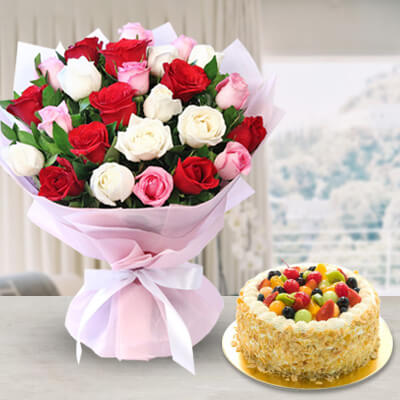 Mix Roses Bunch With Mix Fruits Cake